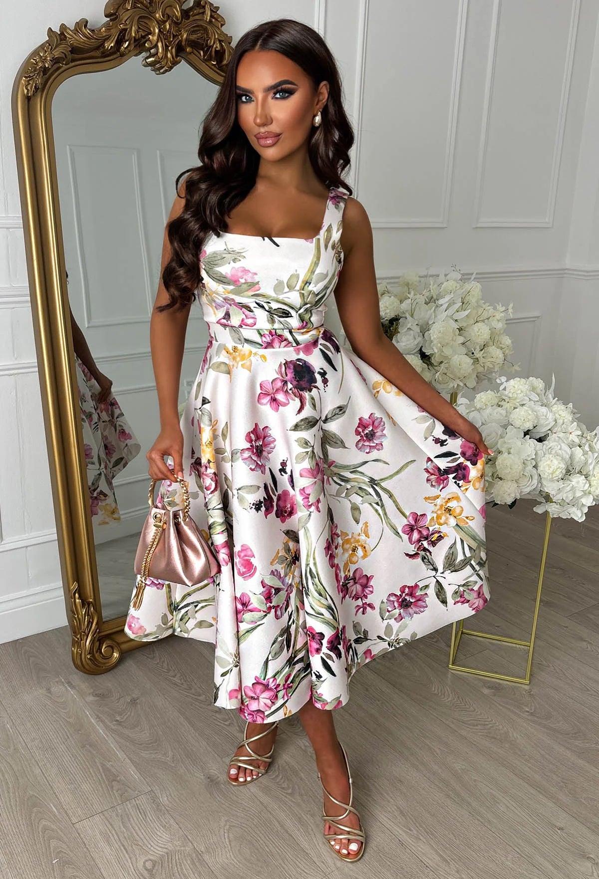Petal Whisper Multi Pretty Floral Flared Skirt Midi Dress