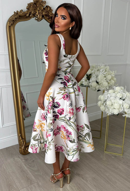 Petal Whisper Multi Pretty Floral Flared Skirt Midi Dress