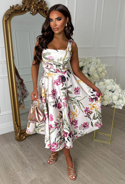 Petal Whisper Multi Pretty Floral Flared Skirt Midi Dress